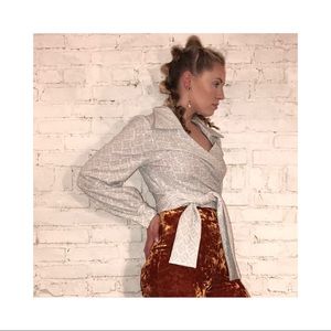 Vintage silver jacquard long sleeve wrap blouse